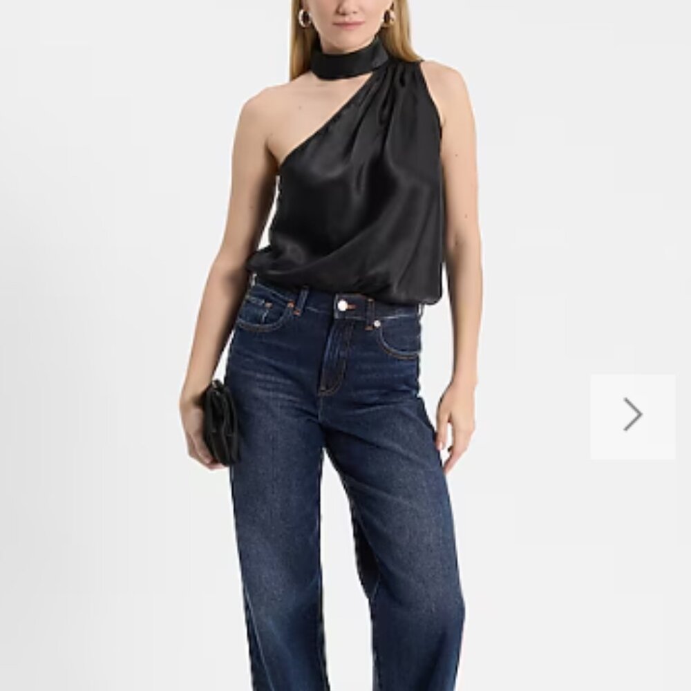 EXPRESS Satin Asymmetrical Mock Neck Tank - Picture 2 of 6